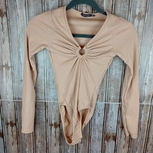 Nasty Gal Tan Ribbed Long sleeve bodysuit With Snaps Keyhole Front Womens Size 0